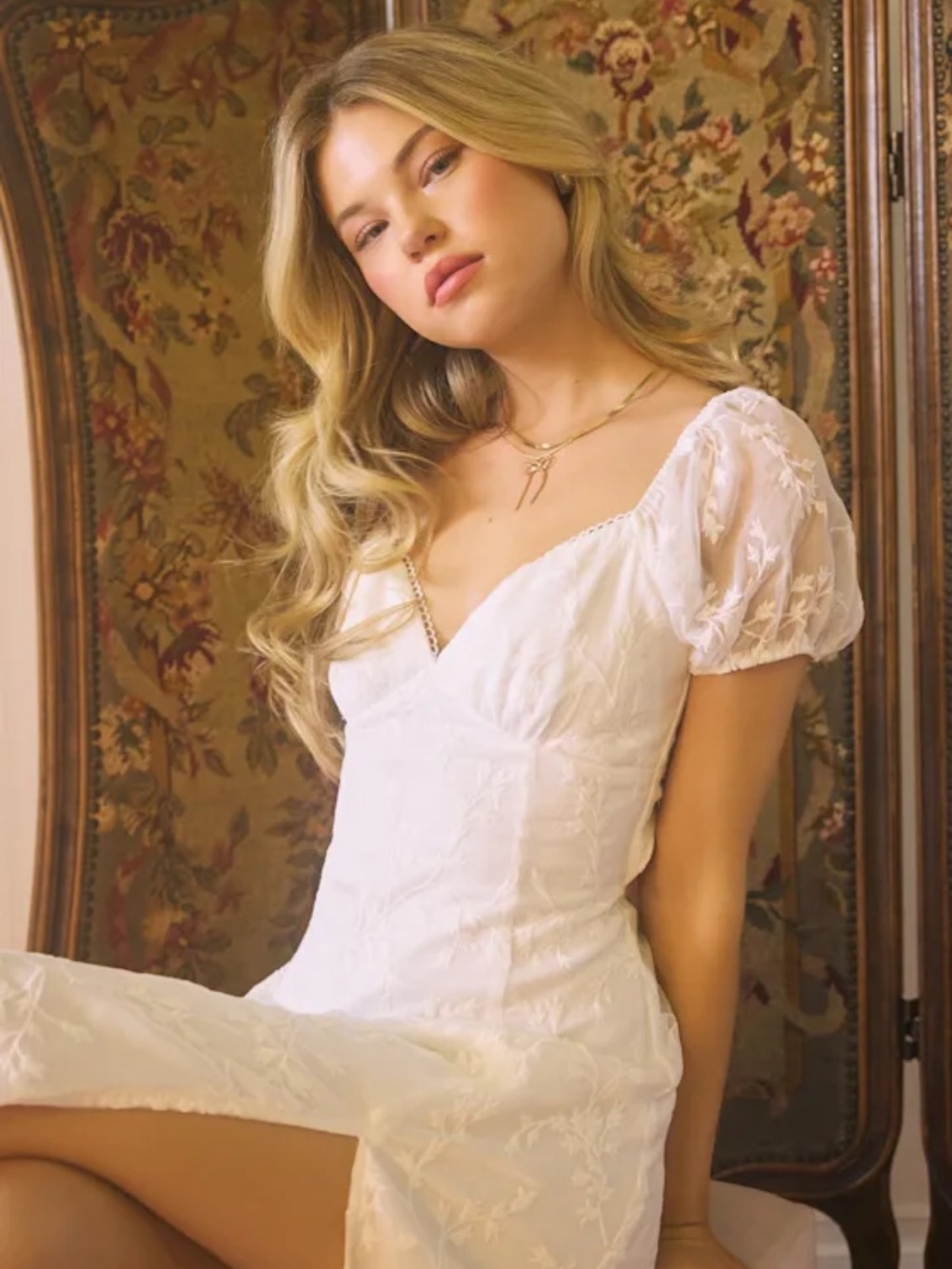 White Puff Sleeve Lace Midi Dress